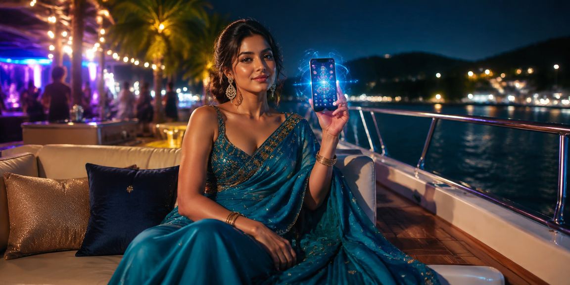 User enjoying live casino on mobile in traditional saree in Goa